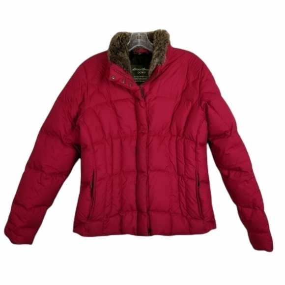 Eddie Bauer Quilted Goose Down Puffer Jacket Faux Fur Collar Pink Women's Medium - Picture 1 of 12
